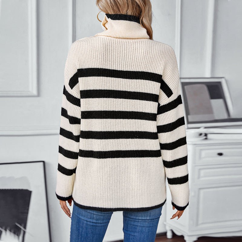 Women's Turtleneck Striped Sweater with Button Detail - Chichicherry