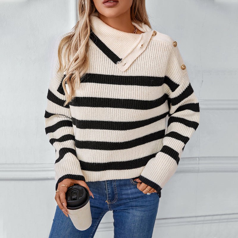 Women's Turtleneck Striped Sweater with Button Detail - Chichicherry