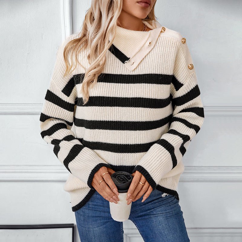 Women's Turtleneck Striped Sweater with Button Detail - Chichicherry