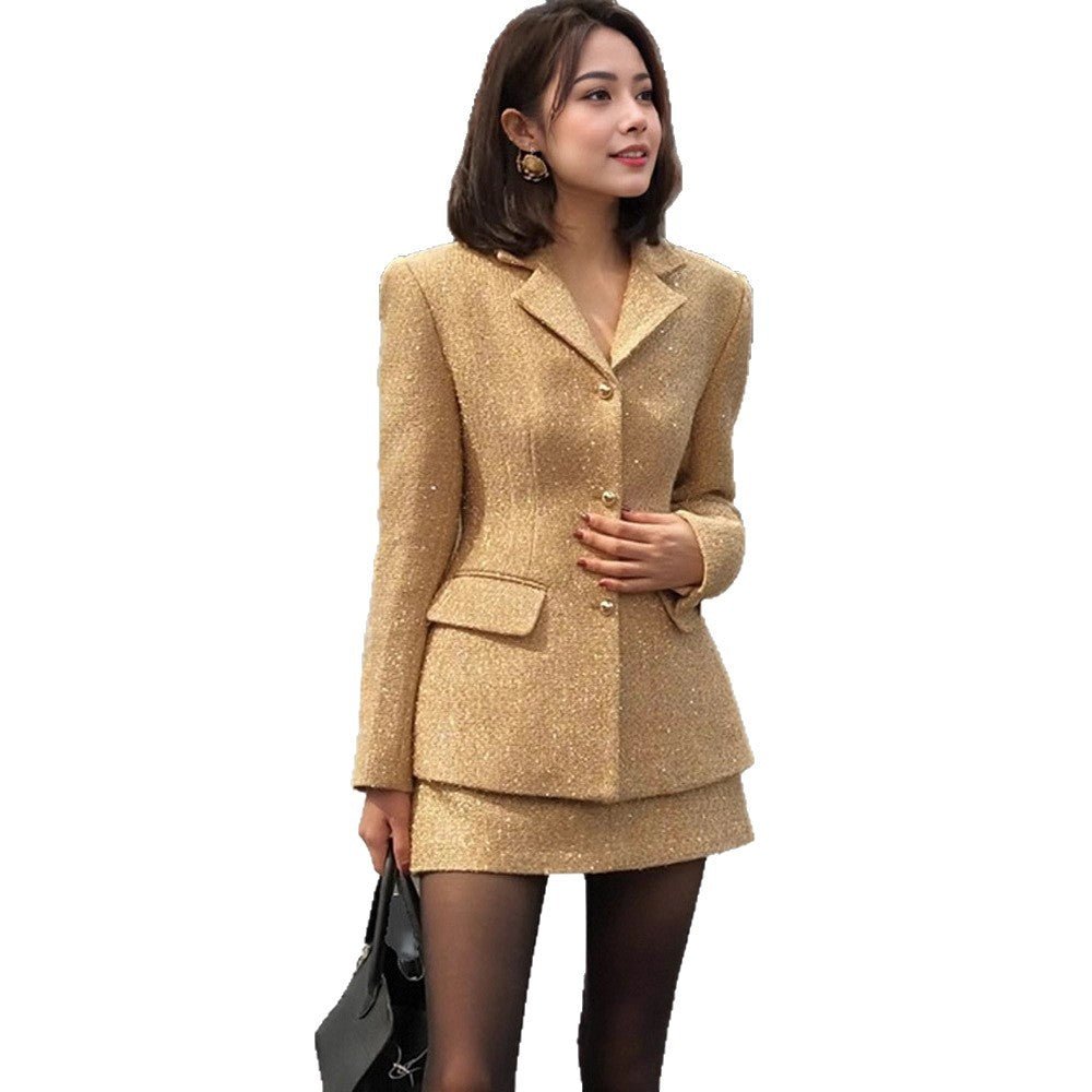 Women's Two-Piece Boucle Tweed Blazer and Mini Skirt Set with Tailored Silhouette Chichicherry - Chichicherry