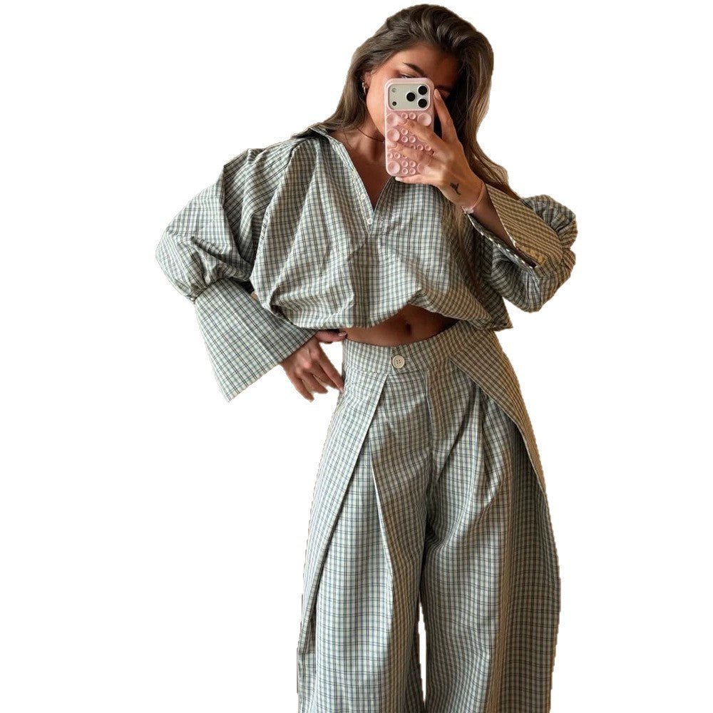 Women's Two-Piece Checked Set with Cropped Oversized Shirt and Wide Pleated Trousers Chichicherry - Chichicherry