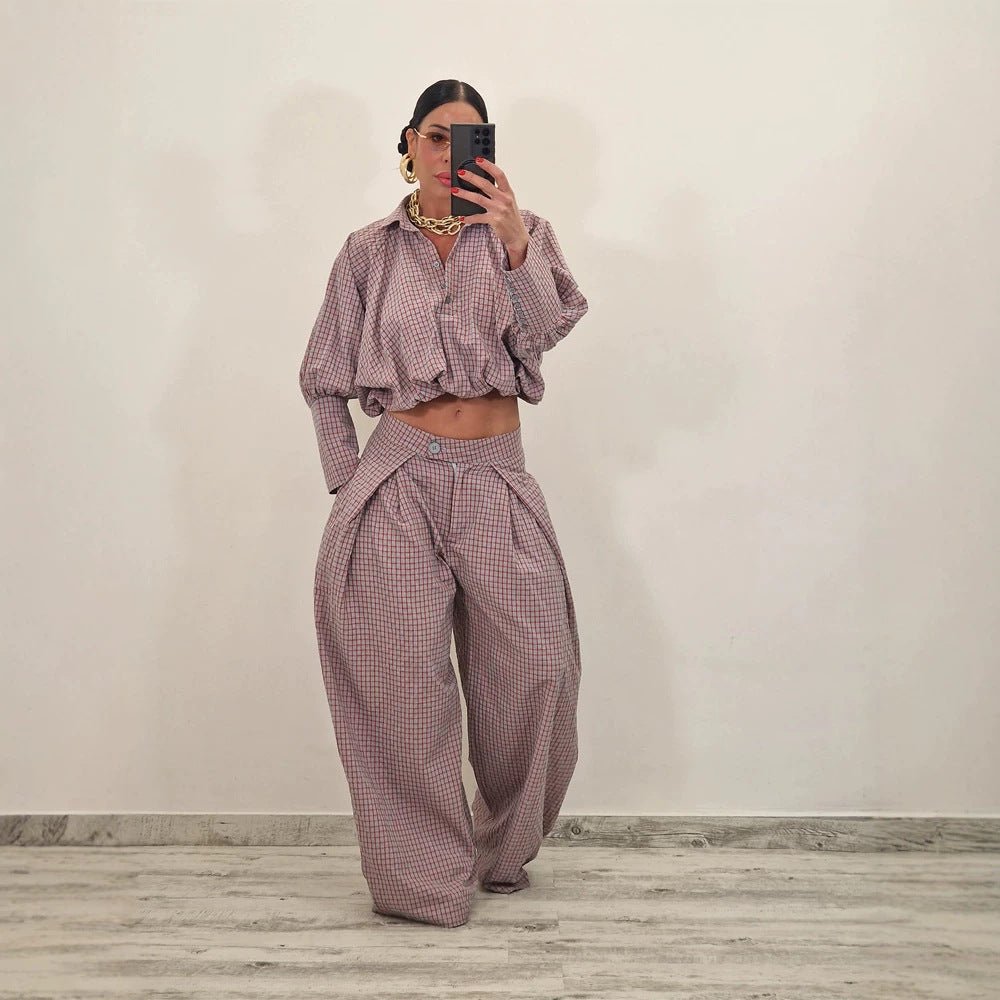 Women's Two-Piece Checked Set with Cropped Oversized Shirt and Wide Pleated Trousers Chichicherry - Chichicherry