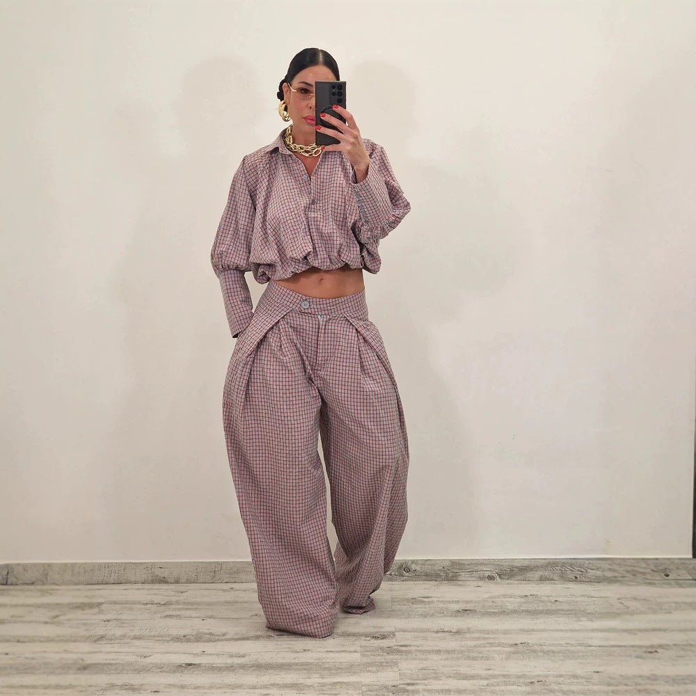 Women's Two-Piece Checked Set with Cropped Oversized Shirt and Wide Pleated Trousers Chichicherry - Chichicherry