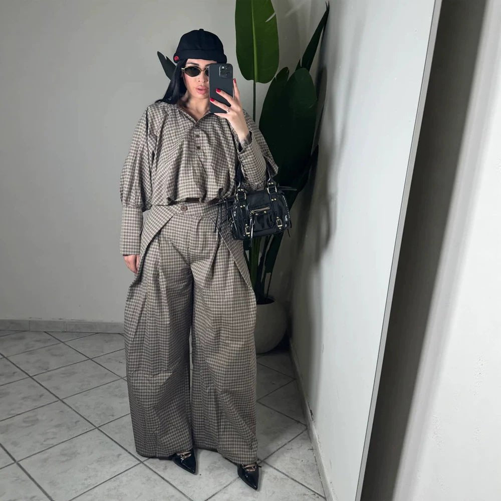 Women's Two-Piece Checked Set with Cropped Oversized Shirt and Wide Pleated Trousers Chichicherry - Chichicherry