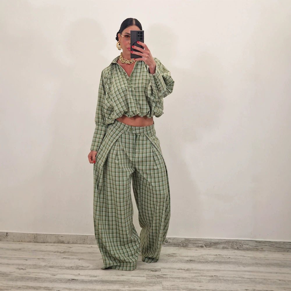 Women's Two-Piece Checked Set with Cropped Oversized Shirt and Wide Pleated Trousers Chichicherry - Chichicherry