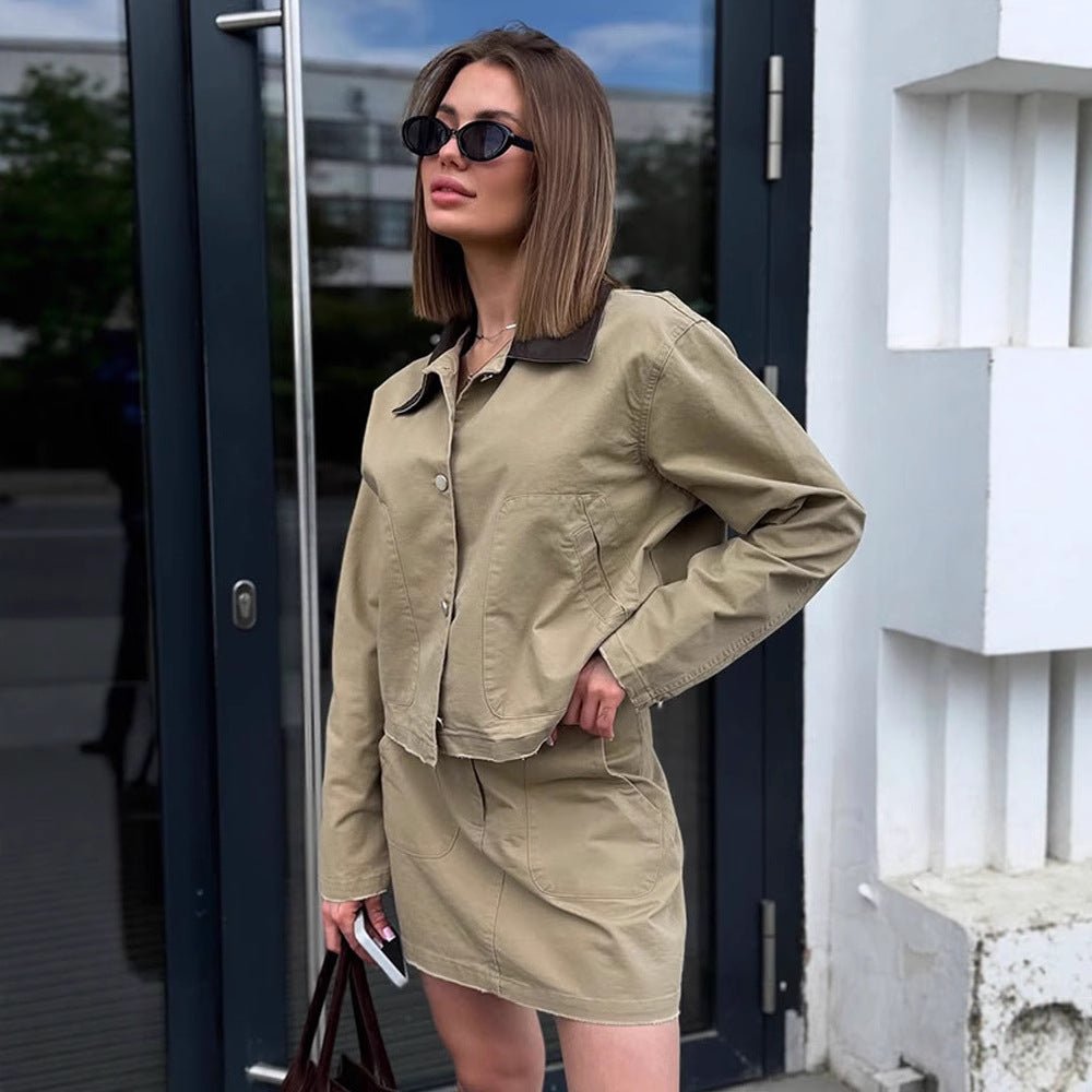 Women's Two-Piece Cotton Utility Set with Cropped Jacket and Mini Skirt Chichicherry - Chichicherry