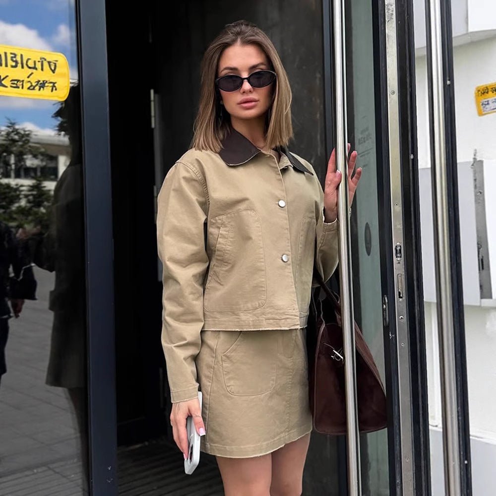 Women's Two-Piece Cotton Utility Set with Cropped Jacket and Mini Skirt Chichicherry - Chichicherry