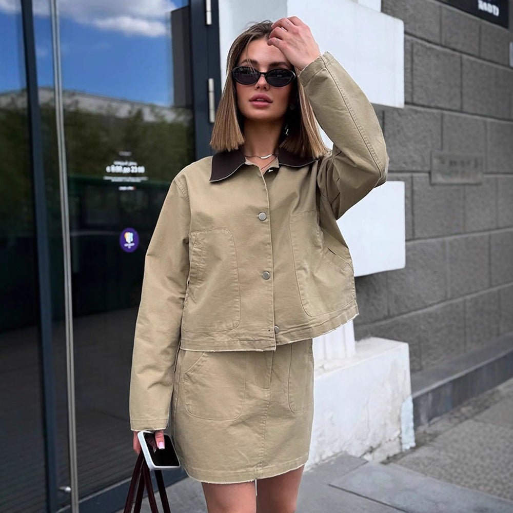 Women's Two-Piece Cotton Utility Set with Cropped Jacket and Mini Skirt Chichicherry - Chichicherry