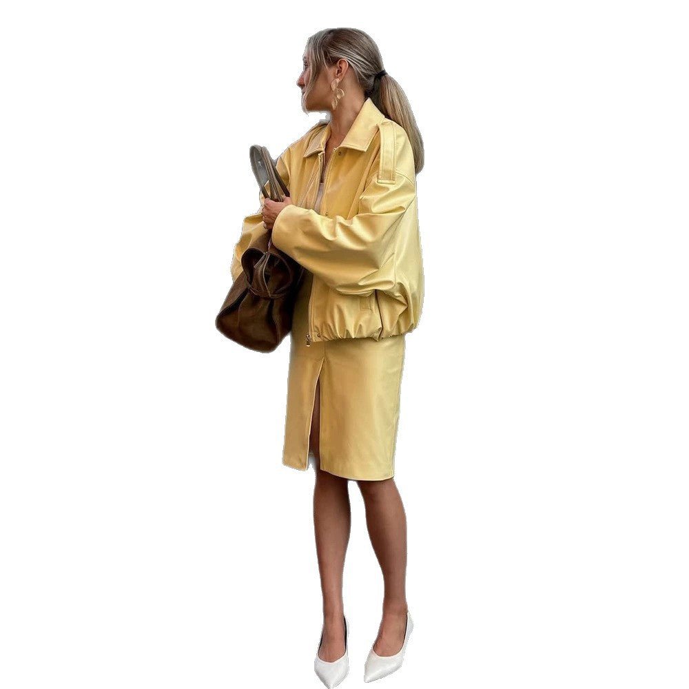 Women's Two-Piece Faux Leather Set with Cropped Bomber Jacket and Fitted Pencil Skirt Chichicherry - Chichicherry