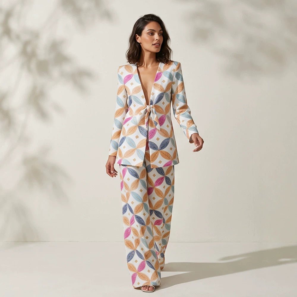 Women's Two-Piece Jacquard Suit with Waist Bow and Wide Leg Chichicherry - Chichicherry