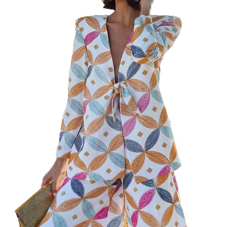 Women's Two-Piece Jacquard Suit with Waist Bow and Wide Leg Chichicherry - Chichicherry