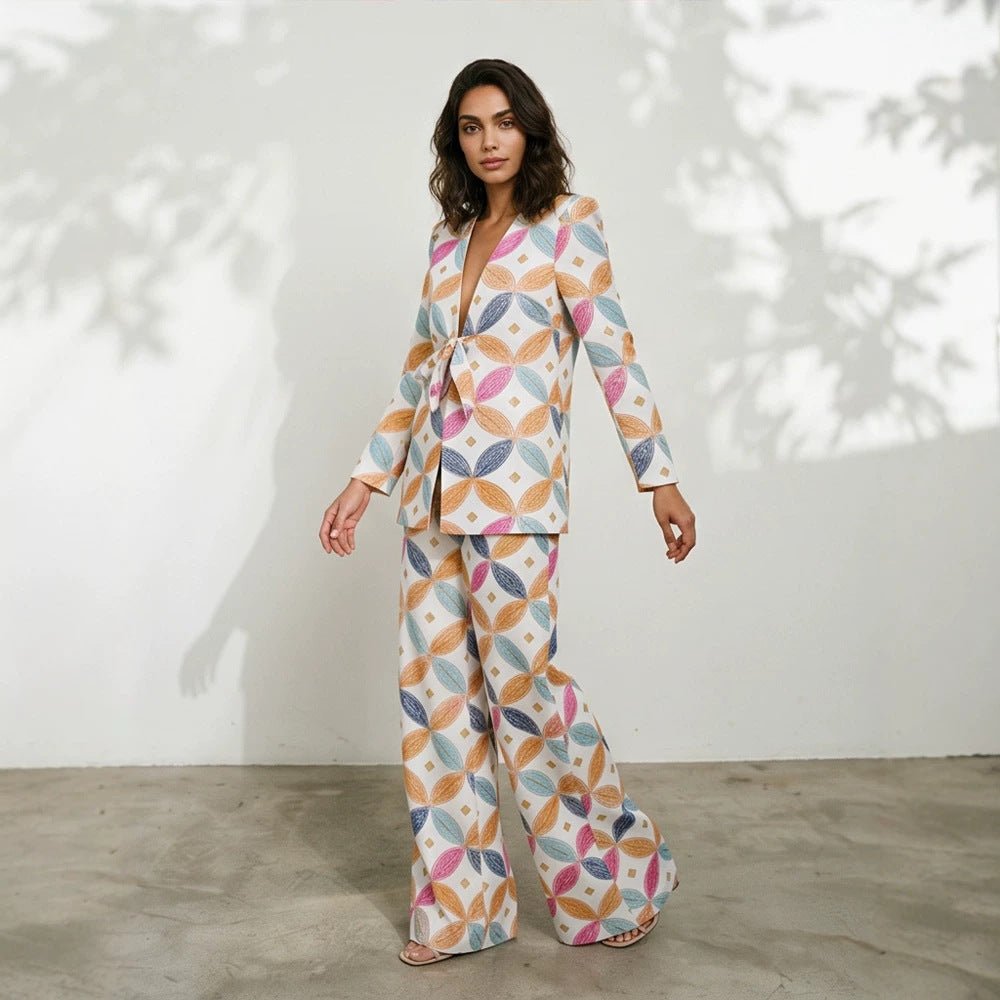Women's Two-Piece Jacquard Suit with Waist Bow and Wide Leg Chichicherry - Chichicherry