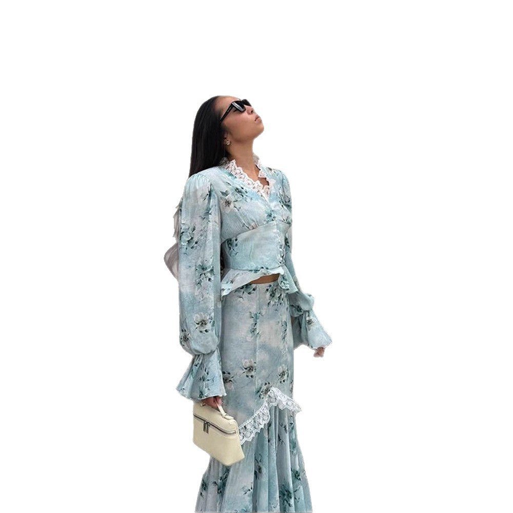 Women's Two-Piece Maxi Dress Set with Corset Top, Ruffle Sleeves and Lace Trim Chichicherry - Chichicherry