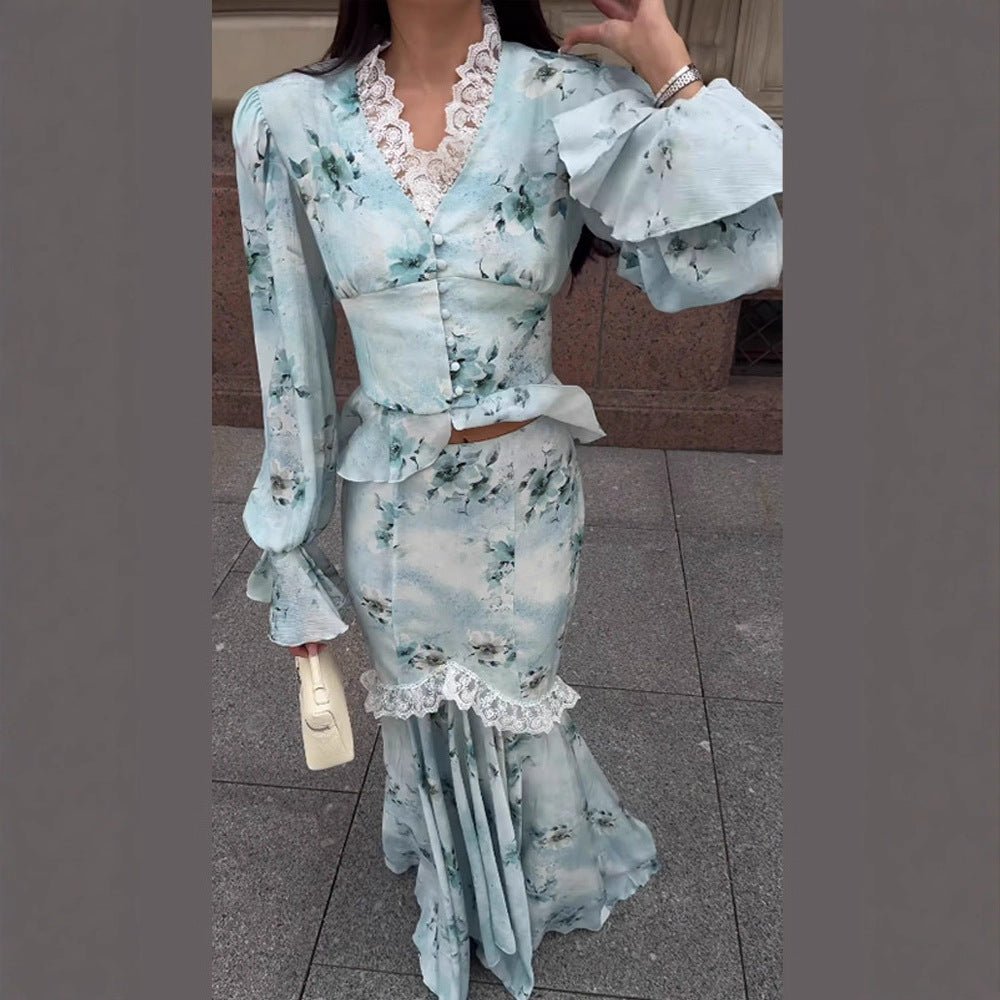 Women's Two-Piece Maxi Dress Set with Corset Top, Ruffle Sleeves and Lace Trim Chichicherry - Chichicherry