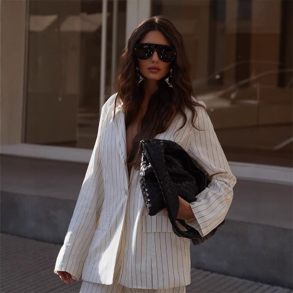 Women's Two-Piece Pinstripe Suit Set with Oversized Blazer and Wide Pleated Trousers Chichicherry - Chichicherry