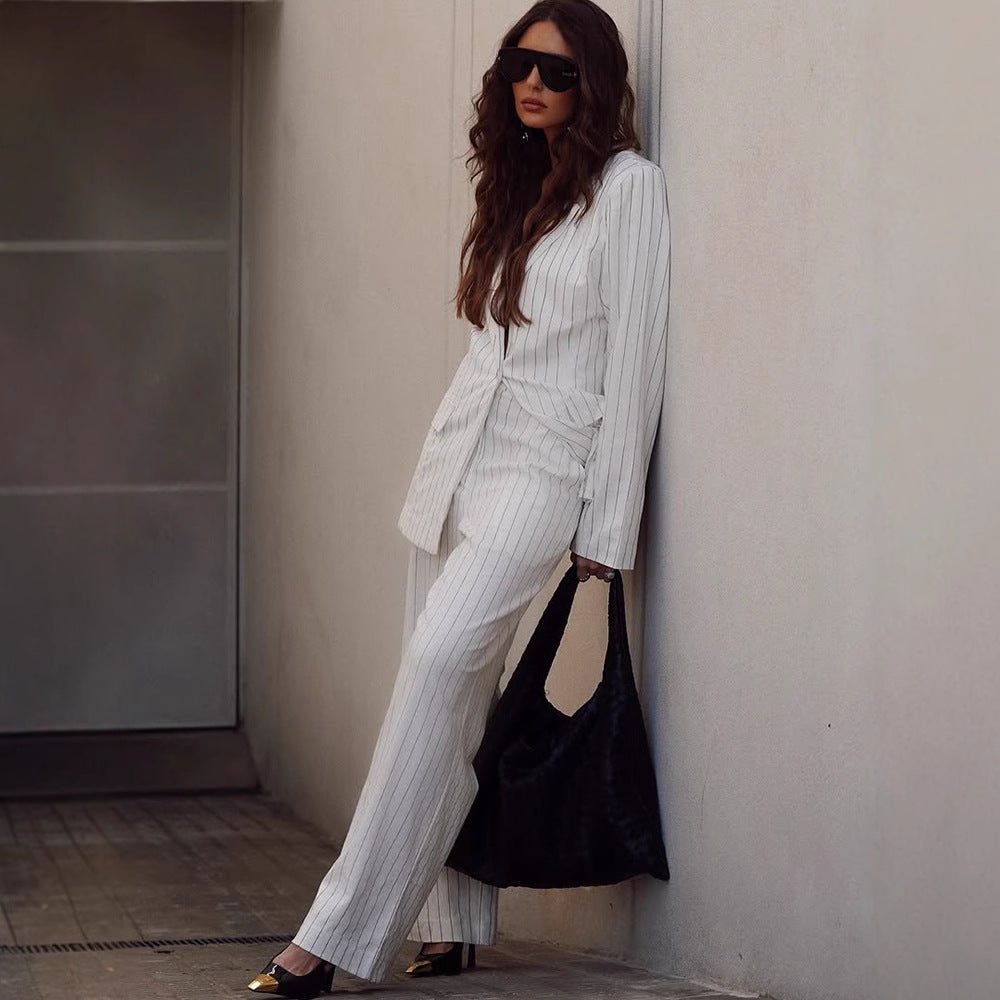 Women's Two-Piece Pinstripe Suit Set with Oversized Blazer and Wide Pleated Trousers Chichicherry - Chichicherry