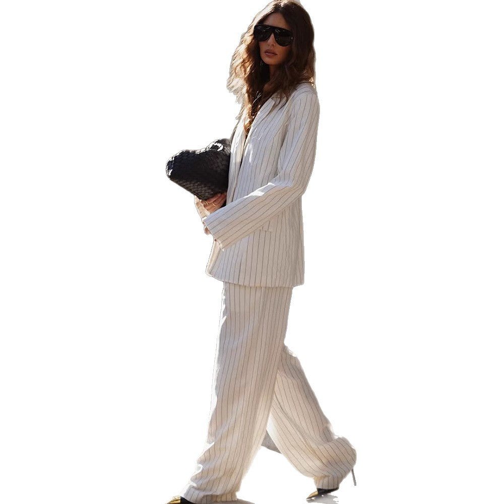 Women's Two-Piece Pinstripe Suit Set with Oversized Blazer and Wide Pleated Trousers Chichicherry - Chichicherry