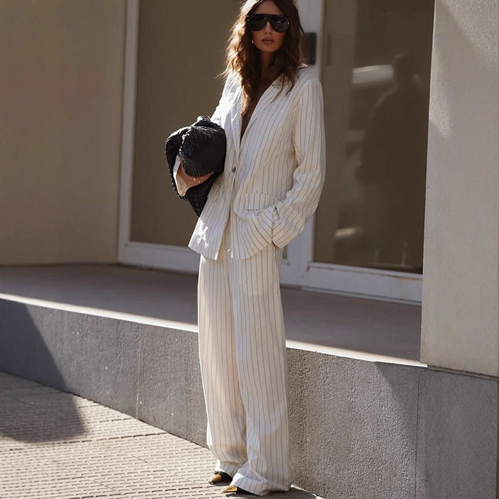 Women's Two-Piece Pinstripe Suit Set with Oversized Blazer and Wide Pleated Trousers Chichicherry - Chichicherry