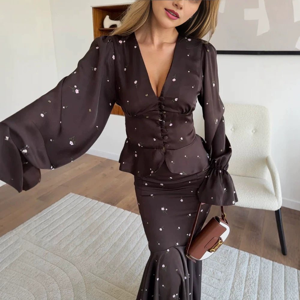 Women's Two-Piece Satin Set with Fitted Button Top and Mermaid Skirt Chichicherry - Chichicherry