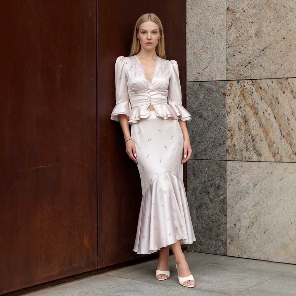 Women's Two-Piece Satin Set with Tailored Peplum Blouse & Mermaid Midi Skirt Chichicherry - Chichicherry