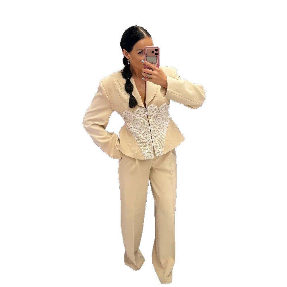 Women's Two-Piece Suit Set with Tailored Blazer, Lace Corset, and Wide Palazzo Pants Chichicherry - Chichicherry