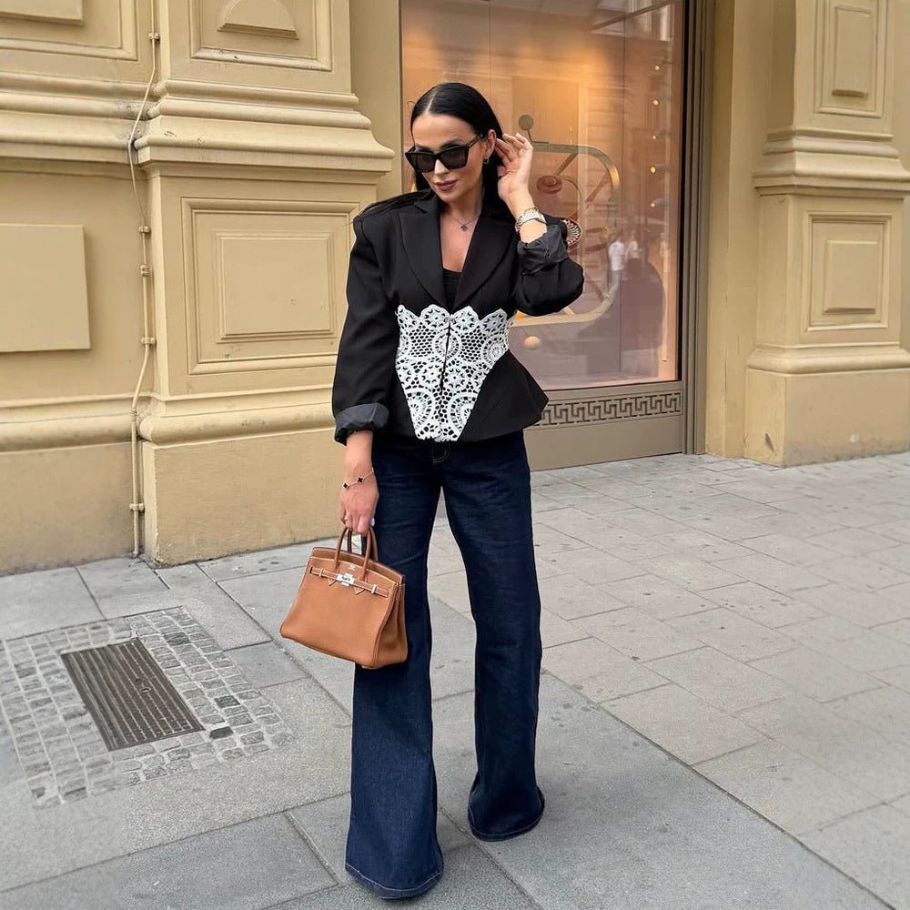 Women's Two-Piece Suit Set with Tailored Blazer, Lace Corset, and Wide Palazzo Pants Chichicherry - Chichicherry