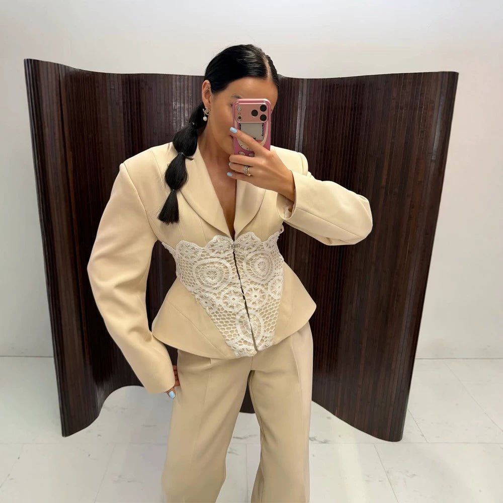 Women's Two-Piece Suit Set with Tailored Blazer, Lace Corset, and Wide Palazzo Pants Chichicherry - Chichicherry
