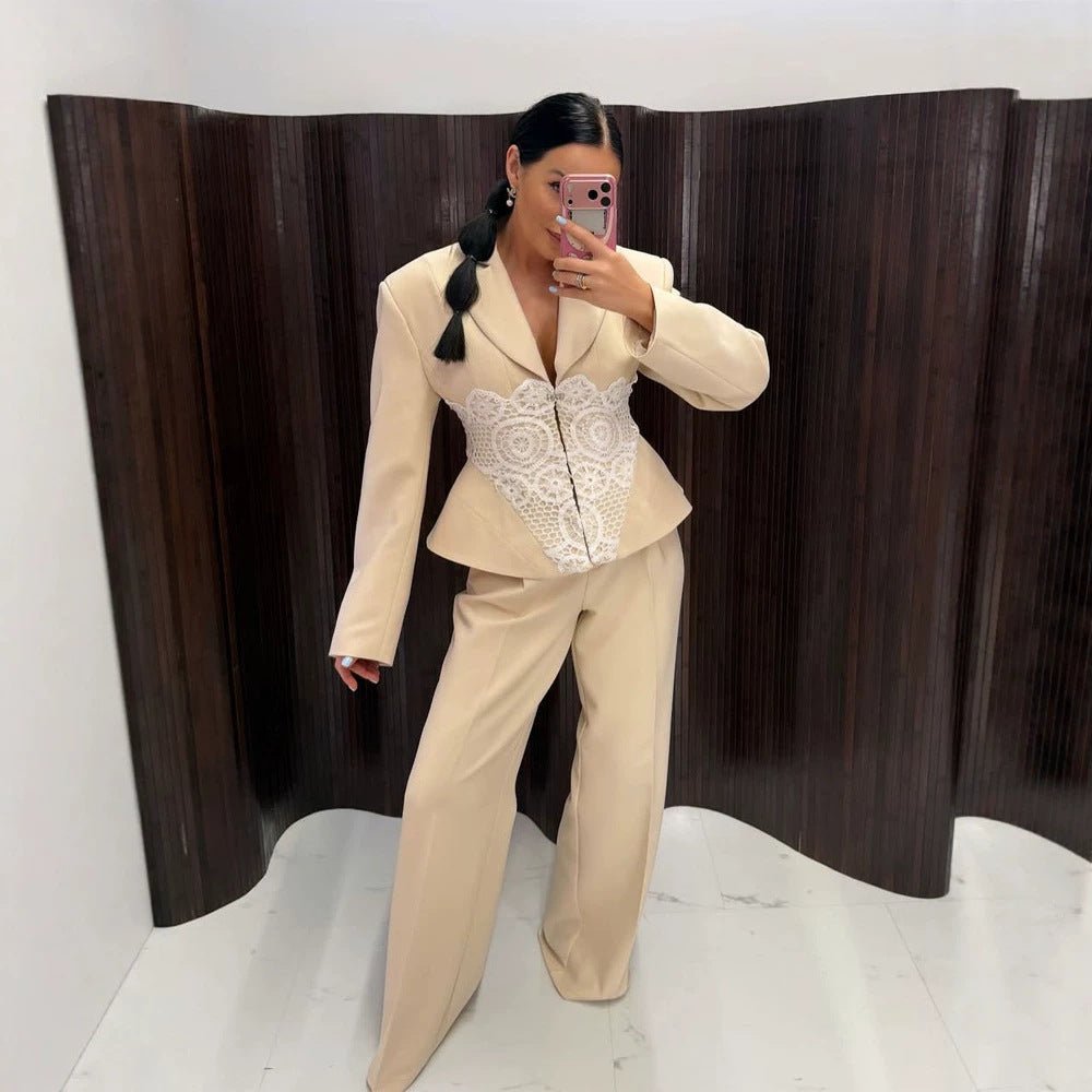 Women's Two-Piece Suit Set with Tailored Blazer, Lace Corset, and Wide Palazzo Pants Chichicherry - Chichicherry