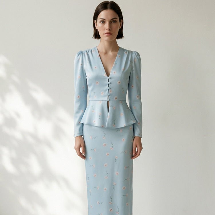 Women's Two-Piece Tailored Blouse and Maxi Skirt Set with V-Neck and Button Details Chichicherry - Chichicherry