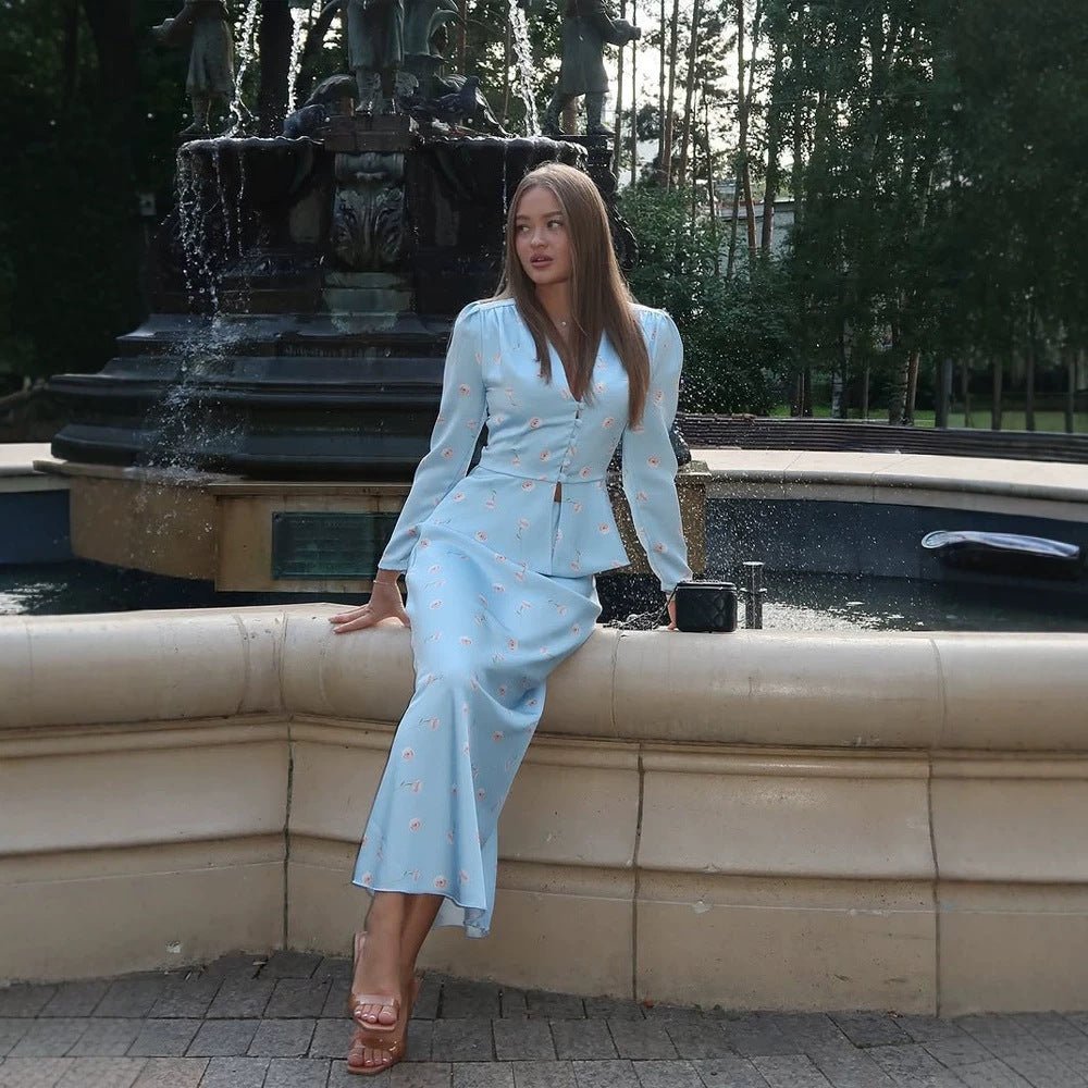Women's Two-Piece Tailored Blouse and Maxi Skirt Set with V-Neck and Button Details Chichicherry - Chichicherry