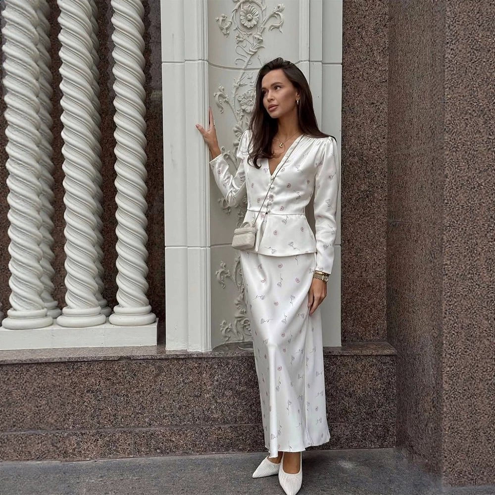 Women's Two-Piece Tailored Blouse and Maxi Skirt Set with V-Neck and Button Details Chichicherry - Chichicherry
