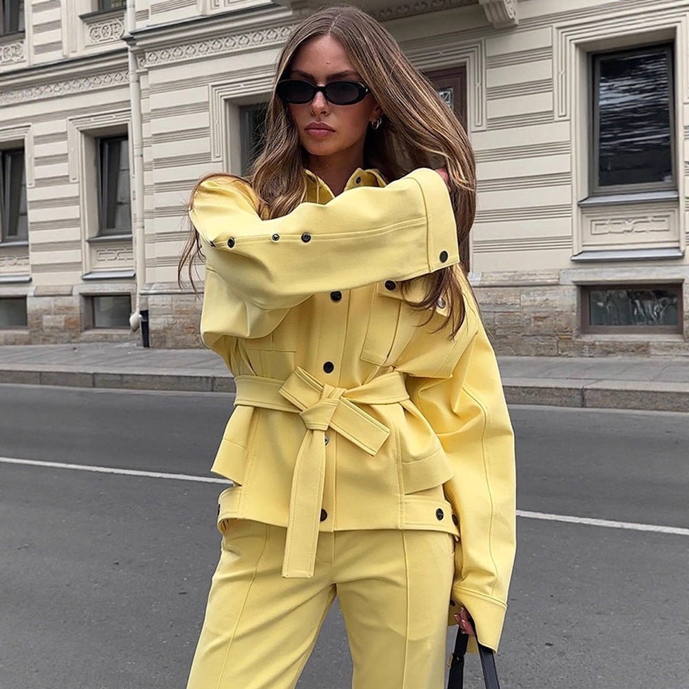 Women's Utility Blazer with Tie Belt and High-Waisted Trousers Chichicherry - Chichicherry