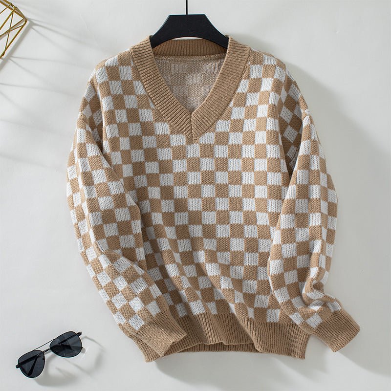 Women's V - Neck Checkerboard Knit Sweater - Chichicherry