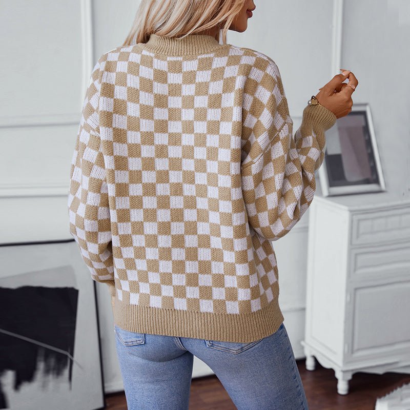 Women's V - Neck Checkerboard Knit Sweater - Chichicherry