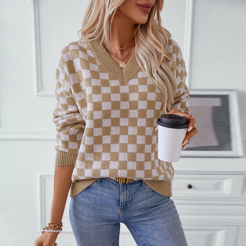 Women's V - Neck Checkerboard Knit Sweater - Chichicherry