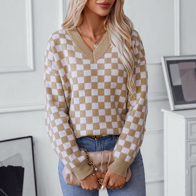 Women's V - Neck Checkerboard Knit Sweater - Chichicherry