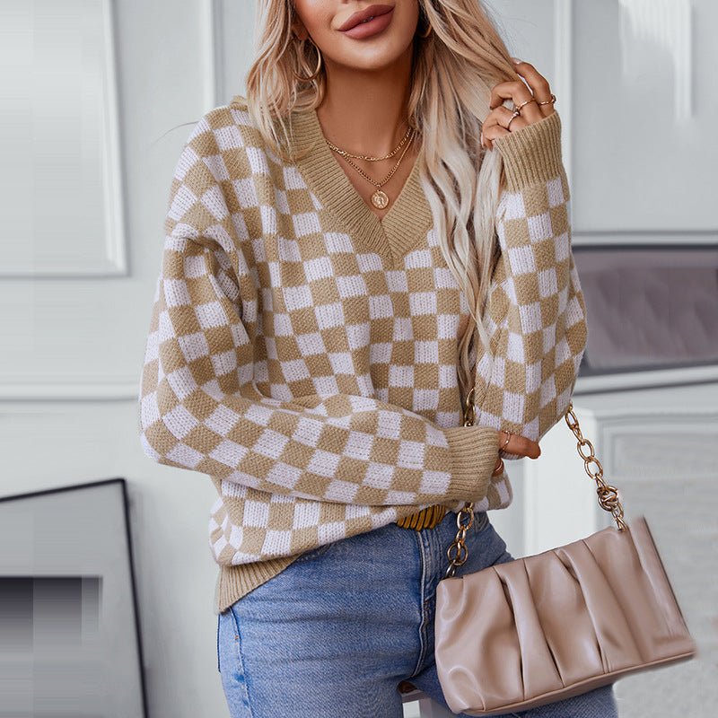 Women's V - Neck Checkerboard Knit Sweater - Chichicherry