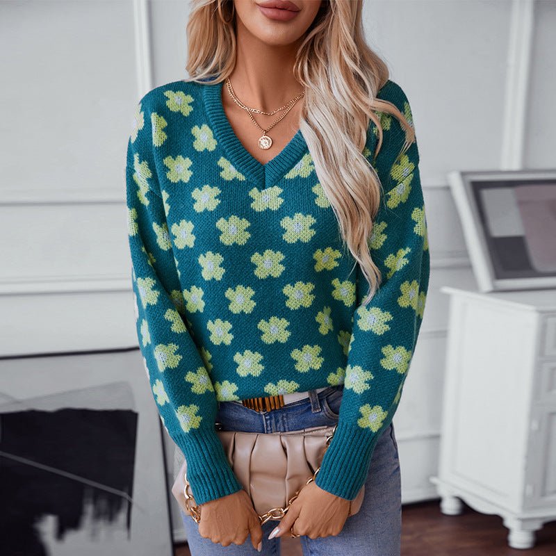 Women's V - Neck Floral Knit Pullover Sweater - Chichicherry
