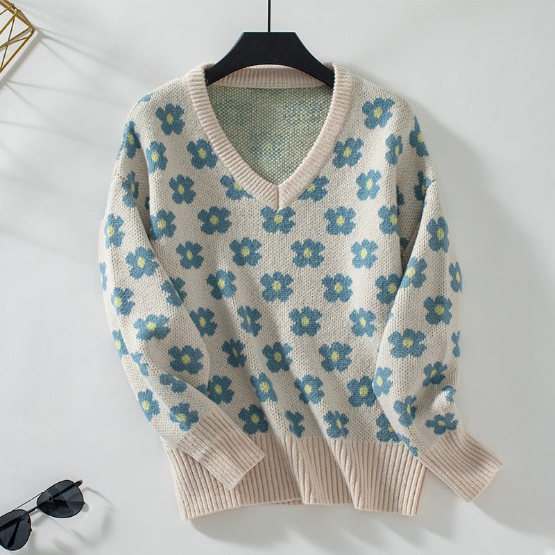 Women's V - Neck Floral Knit Pullover Sweater - Chichicherry