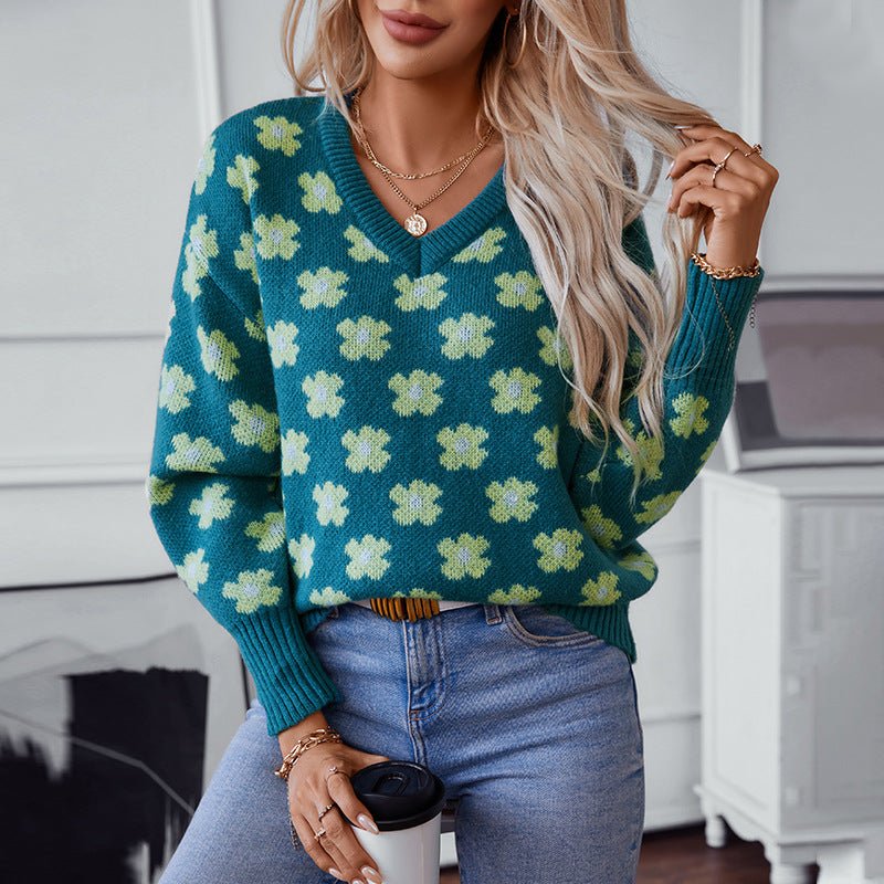 Women's V - Neck Floral Knit Pullover Sweater - Chichicherry