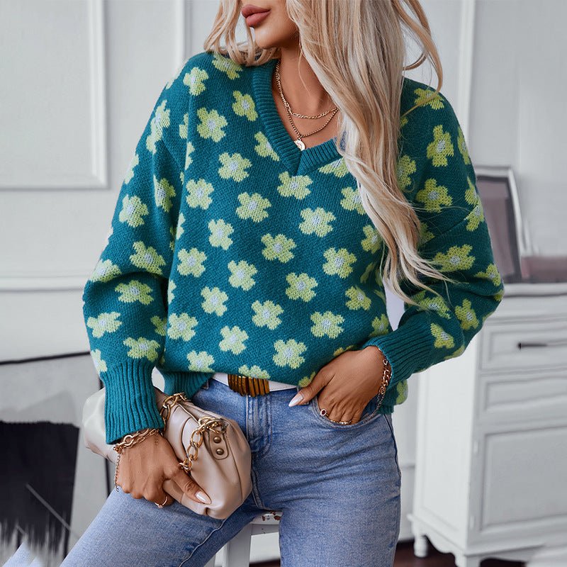 Women's V - Neck Floral Knit Pullover Sweater - Chichicherry