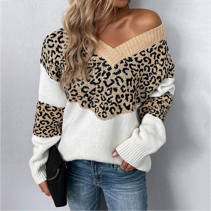 Women's V - Neck Leopard Print Sweater - Chichicherry