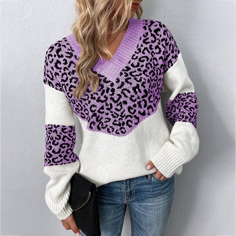 Women's V - Neck Leopard Print Sweater - Chichicherry
