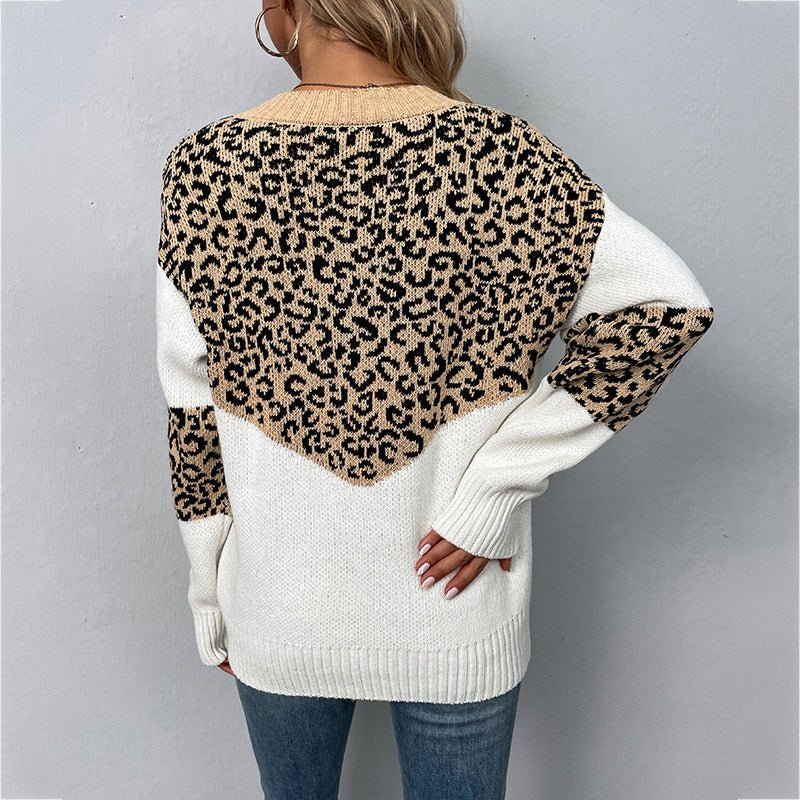 Women's V - Neck Leopard Print Sweater - Chichicherry
