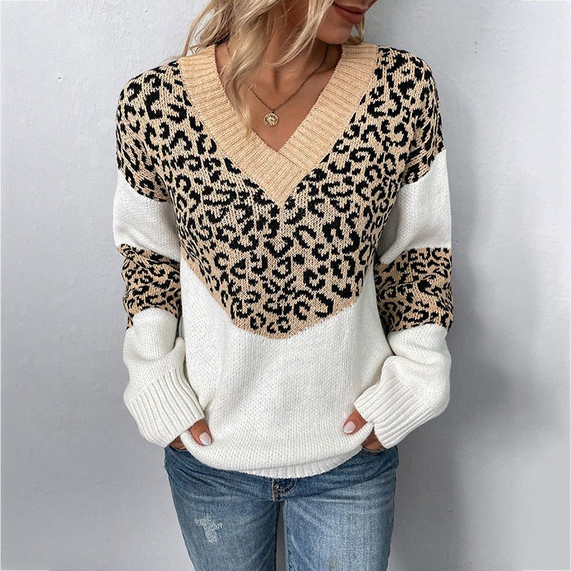 Women's V - Neck Leopard Print Sweater - Chichicherry