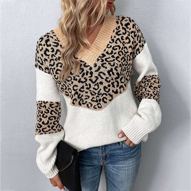 Women's V - Neck Leopard Print Sweater - Chichicherry