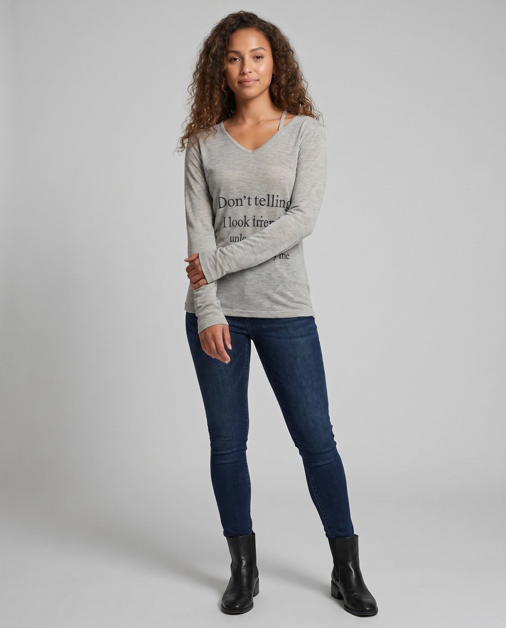 Women's V-Neck Long Sleeve Shirt with Creative Text - Chichicherry