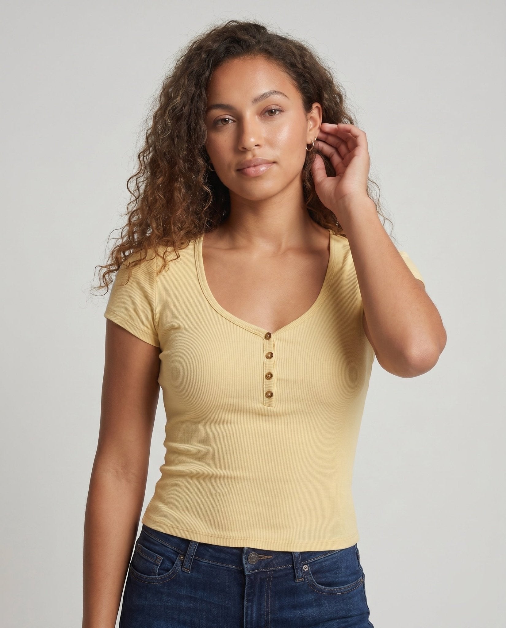 Women's V-neck short sleeve shirt with decorative buttons - Chichicherry