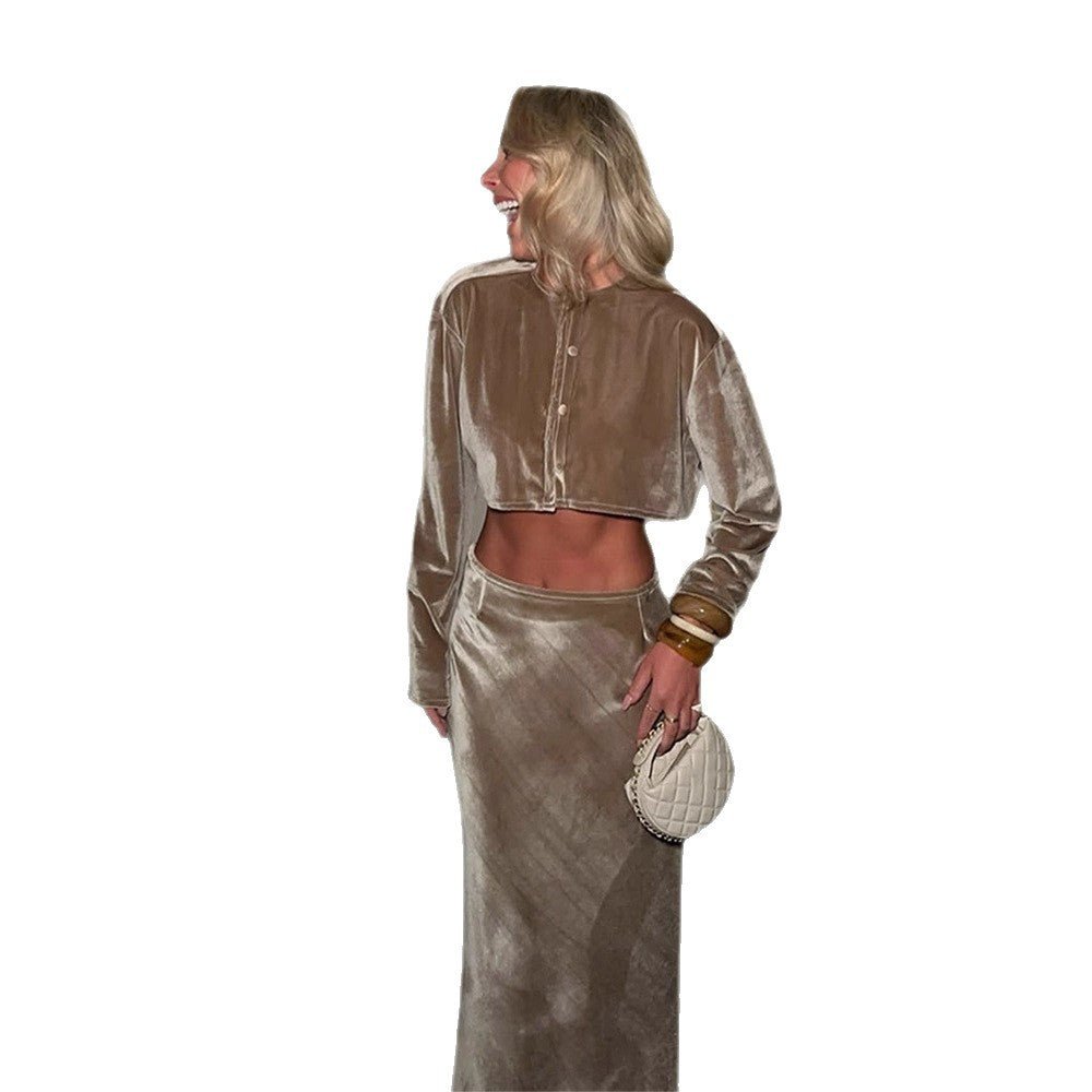 Women's Velvet Cropped Set with Buttoned Short Cardigan & Tailored Midi Skirt Chichicherry - Chichicherry