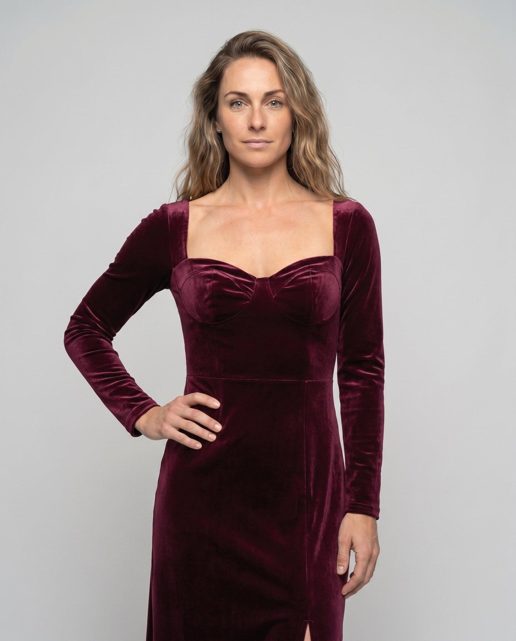 Women's Velvet Maxi Dress with Elegant Waistline and Seductive Slit - Chichicherry